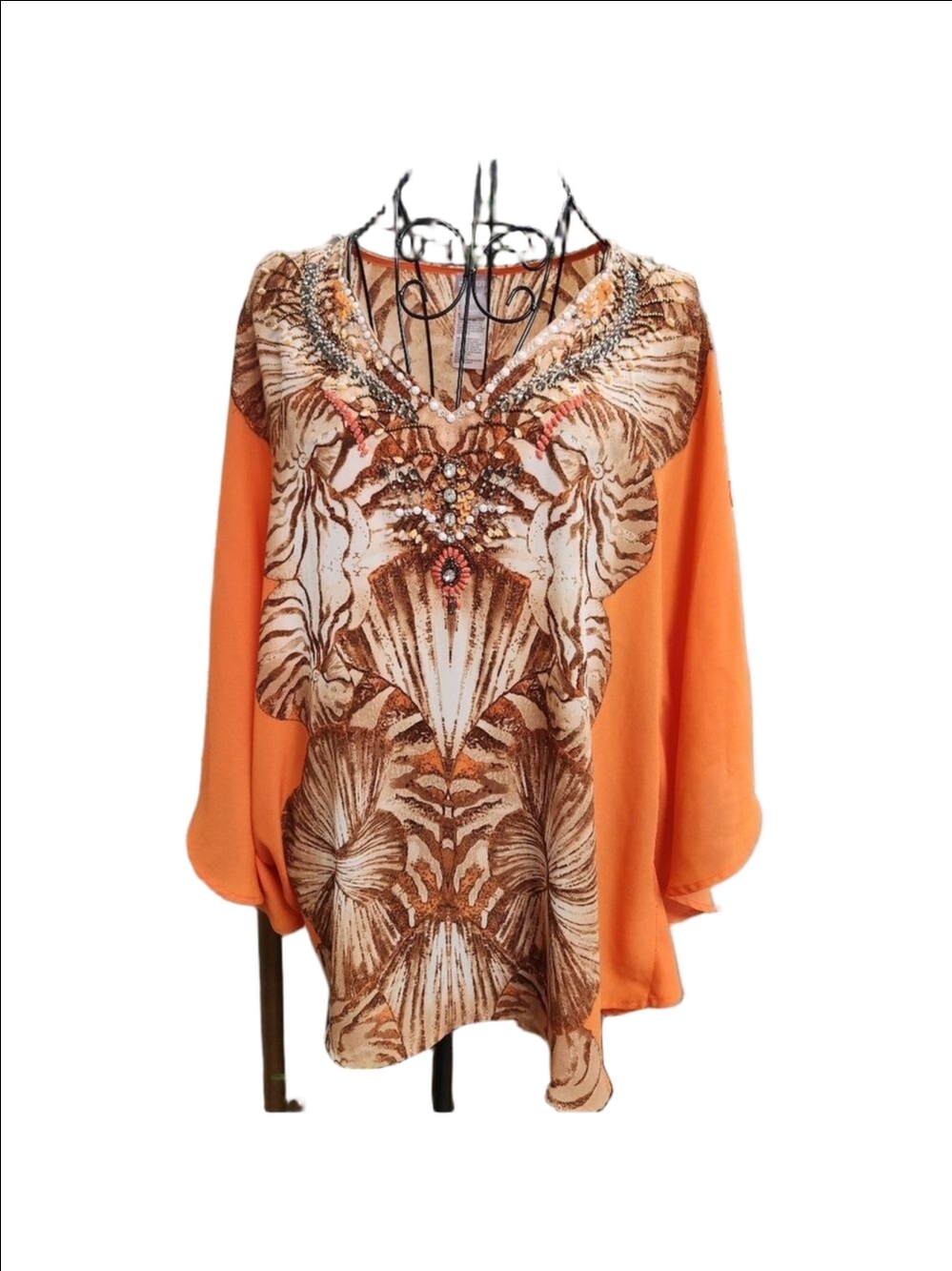 Chico's Orange and Brown Embellished Cap Sleeve Blouse